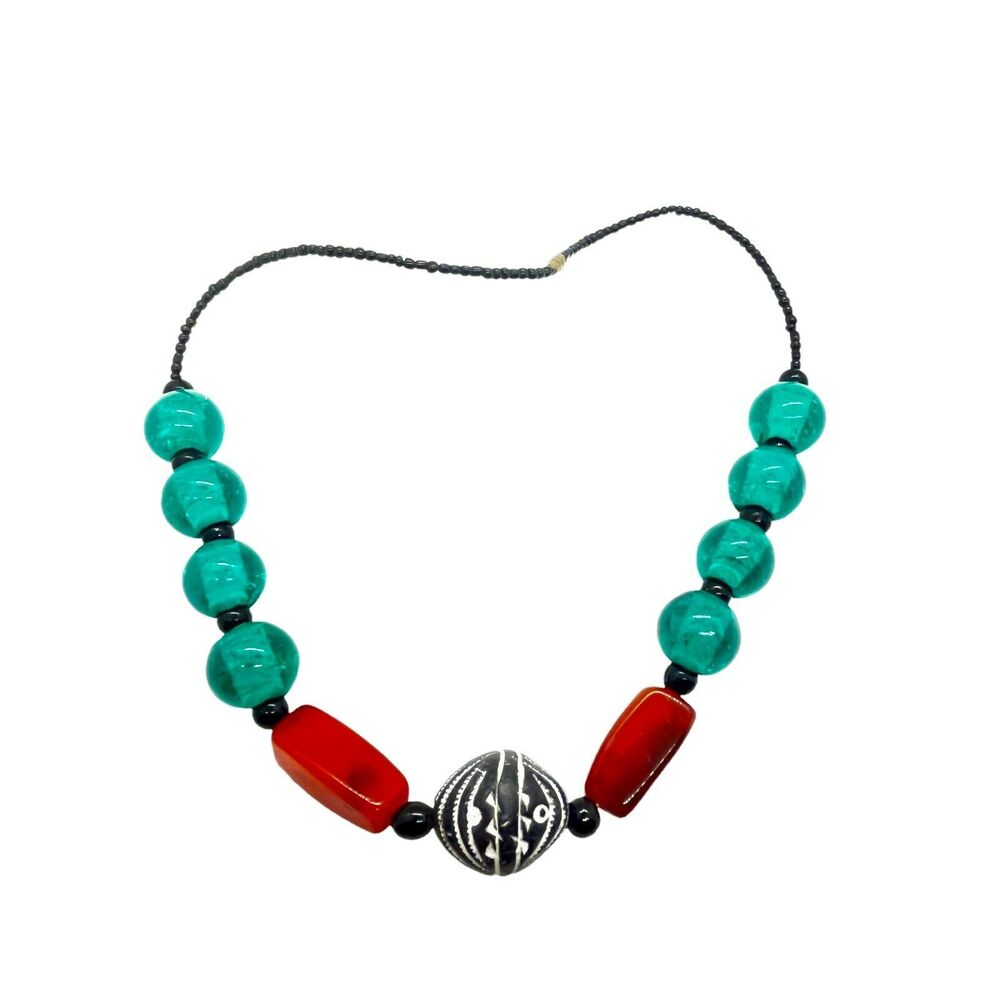 Beaded Necklace Vintage 80s Womens Multicolor Carnelain Agate Barrel Clasp Glass